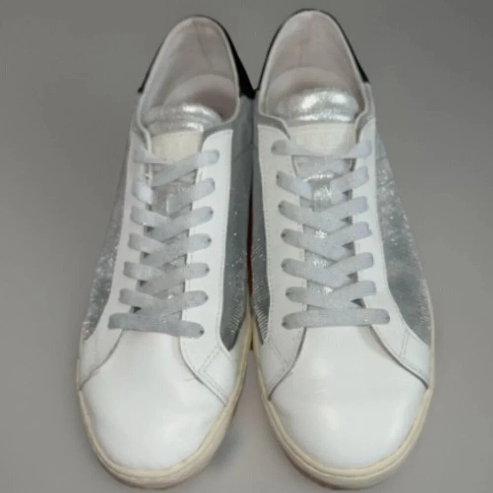 Women's Sneakers One Footwear White Leather w/ Silver Metallic Details Size 9.5
